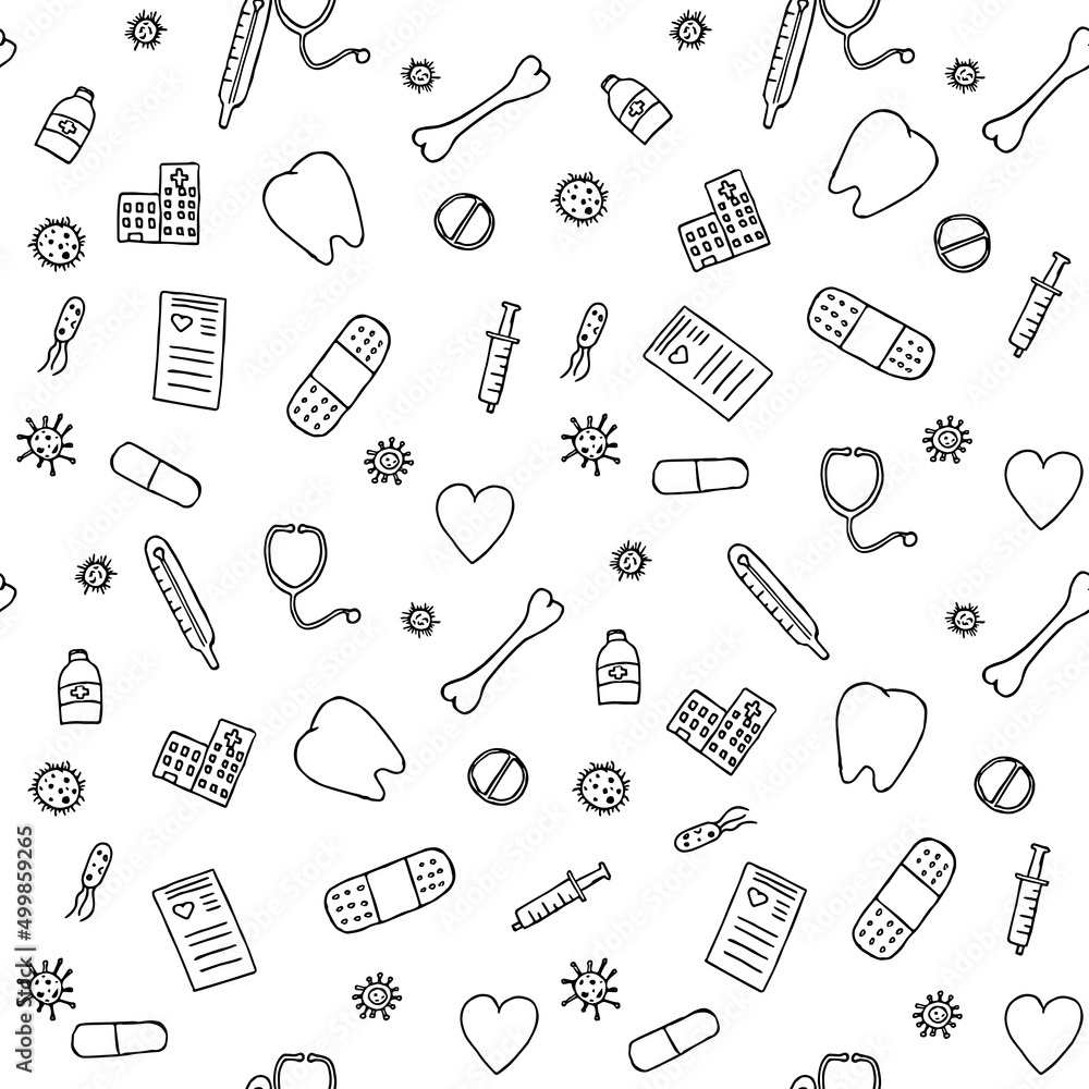 seamless pattern with icons on the theme of medicine. Doodle vector with medicine icons on white background.Vintage medicine icons seamless pattern with icons on the theme of medicine. Doodle vector with medicine icons on white background.Vintage medicine icons
