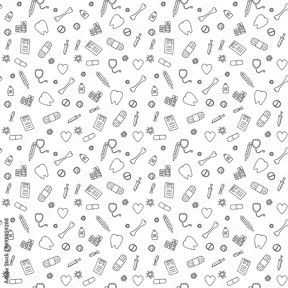 seamless medical pattern with icons on the theme of medicine. Doodle vector with medicine icons on white background. Vintage medicine icons seamless medical pattern with icons on the theme of medicine. Doodle vector with medicine icons on white background. Vintage medicine icons