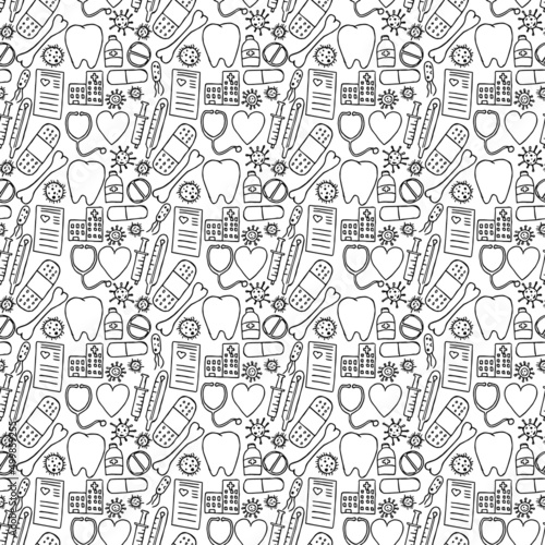 seamless pattern with icons on the theme of medicine. Doodle vector with medicine icons on white background.Vintage medicine icons