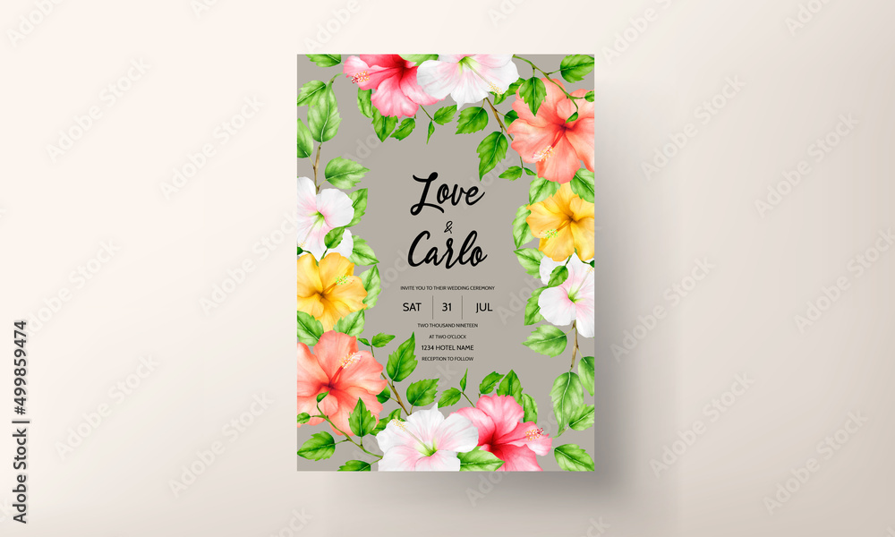 beautiful watercolor hibiscus flower wedding invitation card