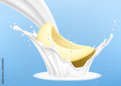 Yogurt milk splash with ripe yellow honeydew melon cut piece fruit, isolated on white background, dairy drink with spray and drops. Realistic 3d vector illustration.