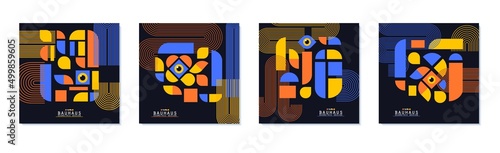 Bauhaus style flyers set. Journal magazine album cover with abstract geometric 2d shapes and eye. Banner collection templates with simple colorful forms. Vector card illustration on black background
