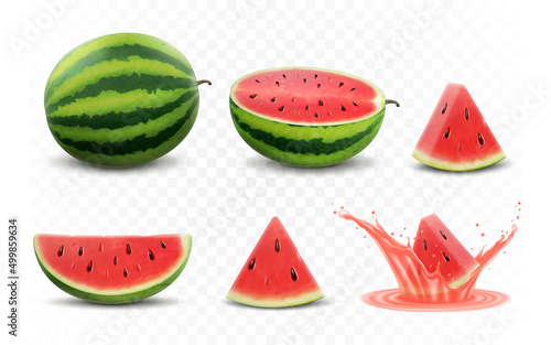 Set of fresh whole, half, cut slice and piece of watermelon isolated on white background. Vegan food vector icons in a trendy realistic 3d style. Healthy food concept.