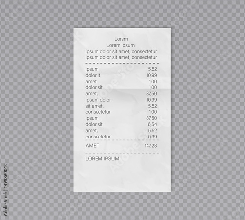 Receipt roll cash payment. Bills invoice for cash or credit card transaction. Isolated receipt template.