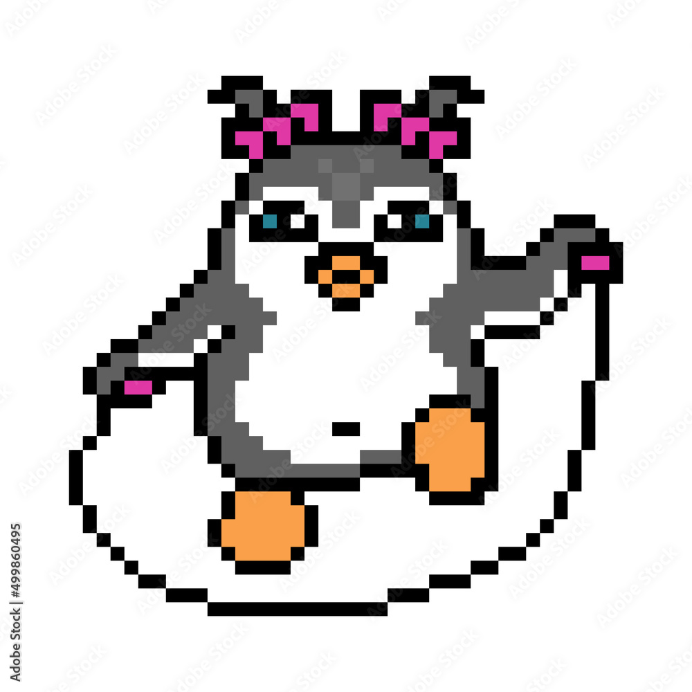 Happy penguin girl with a jumping rope, cute pixel art animal character isolated on white background. Old school retro 80s, 90s 8 bit slot machine, video game graphics. Cartoon antarctica bird mascot. Happy penguin girl with a jumping rope, cute pixel art animal character isolated on white background. Old school retro 80s, 90s 8 bit slot machine, video game graphics. Cartoon antarctica bird mascot.