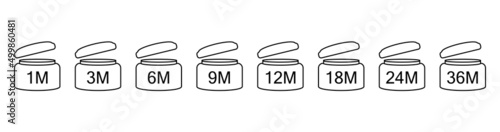 Open jar icon for labeling cosmetics. Set of linear black illustrations indicating the date of use for product.