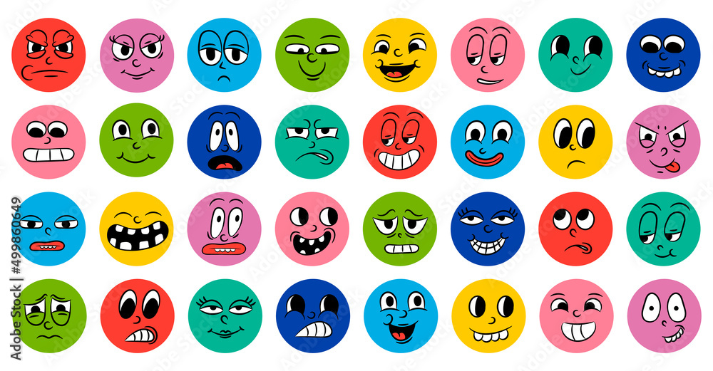 Set of cartoon comic funny faces in retro style with different expressions  of emotions. Abstract round icons of heads of emotional characters. Emoji  people animation in 50s 60s style. vector Stock Vector |