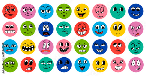 Set of cartoon comic funny faces in retro style with different expressions of emotions. Abstract round icons of heads of emotional characters. Emoji people animation in 50s 60s style. vector