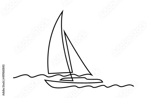 Sailboat in continuous line art drawing style. Sloop sailing boat minimalist black linear design isolated on white background. Vector illustration