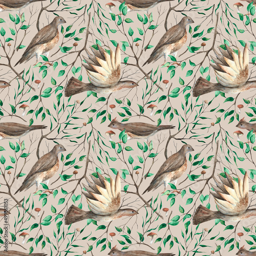 Forest birds. Watercolor hand-painted seamless pattern