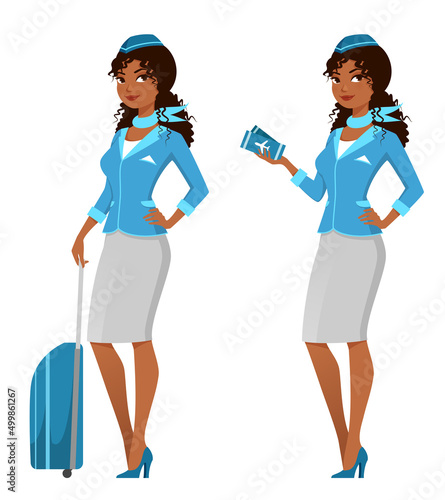 cartoon illustration of a beautiful African American air hostess with suitcase. Attractive flight attendant in blue uniform, holding plane tickets.