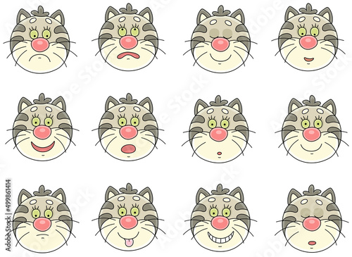 Tablou pe pânză Set of funny grey-striped cat emoticons with smiling, sad and many other faces o