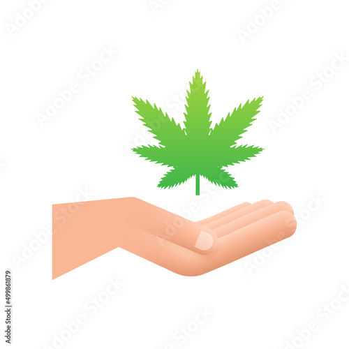 Hand cbd. Hand holding marijuana leaf. Medical treatment. Vector stock illustration.