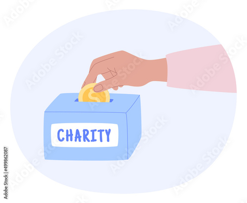 Hand depositing coin in a charity box. Donation to charity concept. Flat vector illustration.