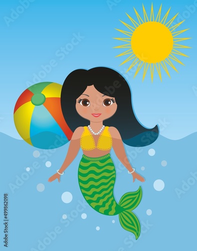 Lovely mermaid swimming and playing in the water a sunny day. Vector illustration.