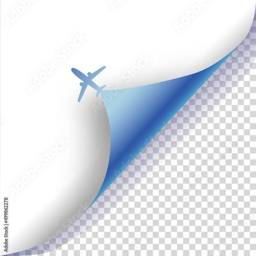 Plane turning page vector illustration. Airplane curling corner of the sheet of paper advert concept.