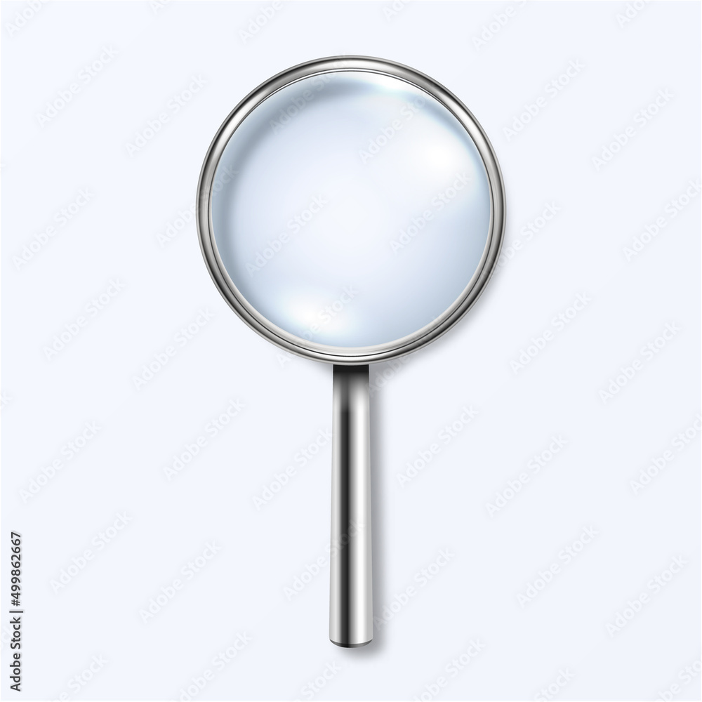 Vector 3d Realistic Metal Magnifying Glass, Loup Icon Closeup Isolated on White. Design Template of Magnifying Glass, Loupe for Graphics. Top View Vector 3d Realistic Metal Magnifying Glass, Loup Icon Closeup Isolated on White. Design Template of Magnifying Glass, Loupe for Graphics. Top View