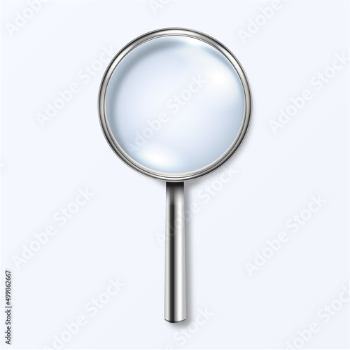 Vector 3d Realistic Metal Magnifying Glass, Loup Icon Closeup Isolated on White. Design Template of Magnifying Glass, Loupe for Graphics. Top View