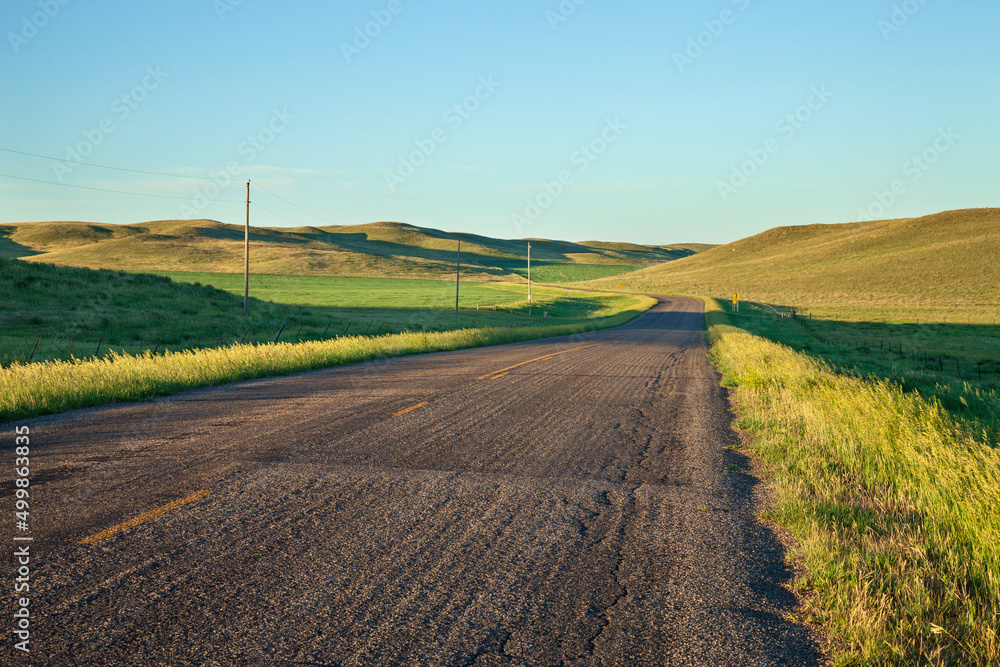 Country road with curves among fields in South Dakota on a summer morning