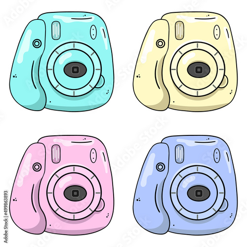 Colorful image photo camera, instax camera, vector design element in the style of doodles, isolated on a white background, hand drawn