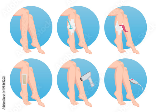 Different kinds of hair removal methods cartoon illustration set. Woman shaving legs with razor, removing hairs with wax, laser, epilator or cream. Depilation, beauty salon, hygiene concept