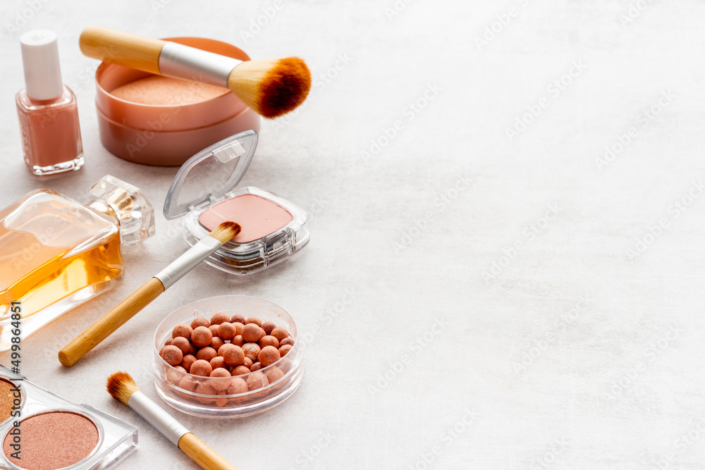 Makeup cosmetic products with powder and brushes. Beauty set Makeup cosmetic products with powder and brushes. Beauty set