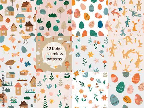 Seamless patterns collection with boho houses and flowers. Easter bunnies and eggs. Vector stock illustration