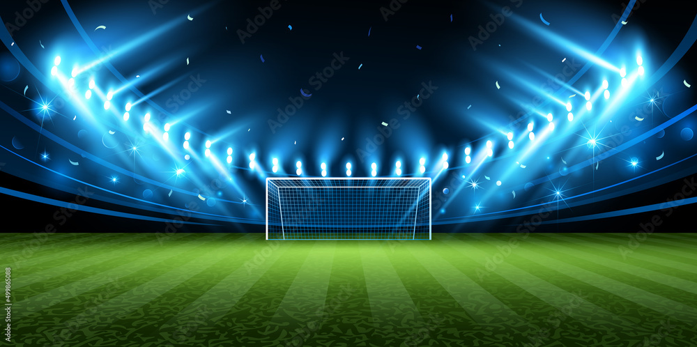 Soccer field with bright spotlights and confetti. Vector illustration - obrazy, fototapety, plakaty 
