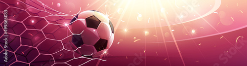 Realistic soccer ball hitting the net. Football championship in the arena. Vector illustration