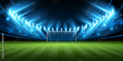 Soccer field with bright spotlights and confetti. Vector illustration