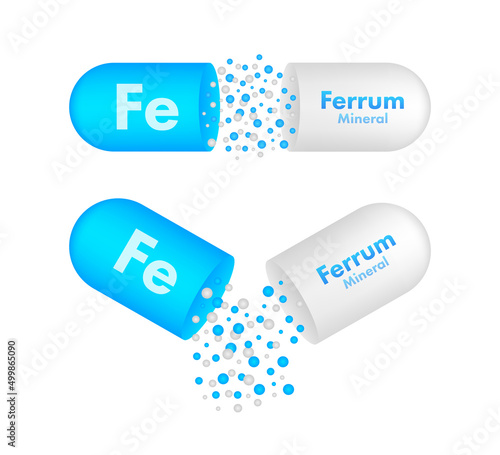 Mineral Fe Ferum blue shining pill capsule icon. Vector stock illustration