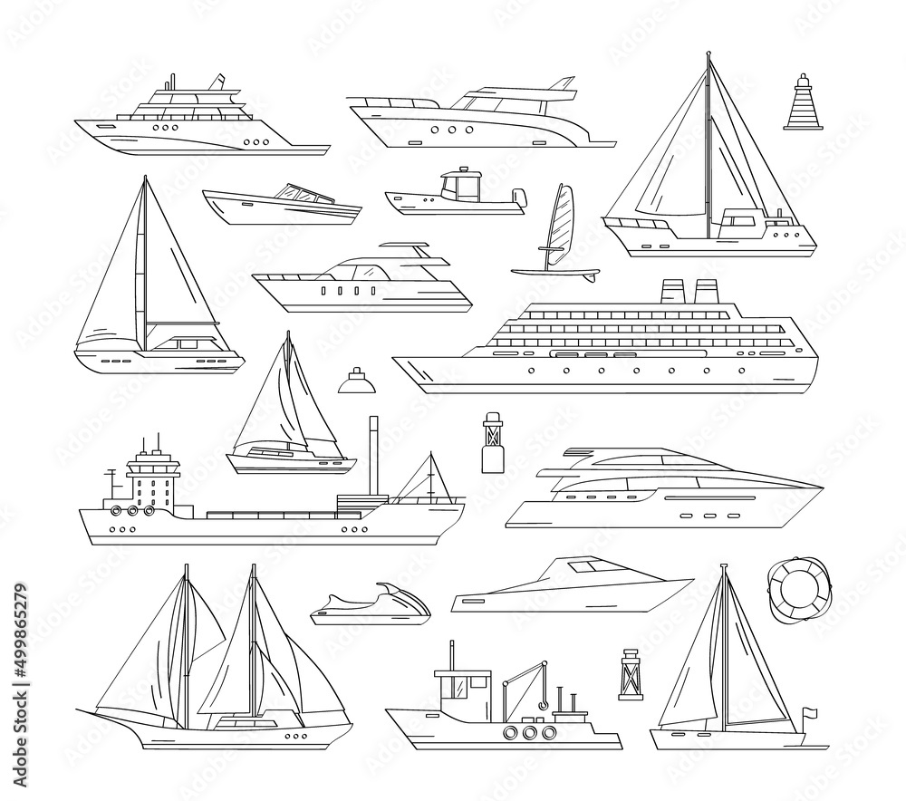 Hand drawn maritime ships. Vector icon set of outline ship at sea, sail boats, speed boat, yacht, liner, sailboat, cruiser and cargo ships. Water ocean transport boat. Sea marine travel - obrazy, fototapety, plakaty 