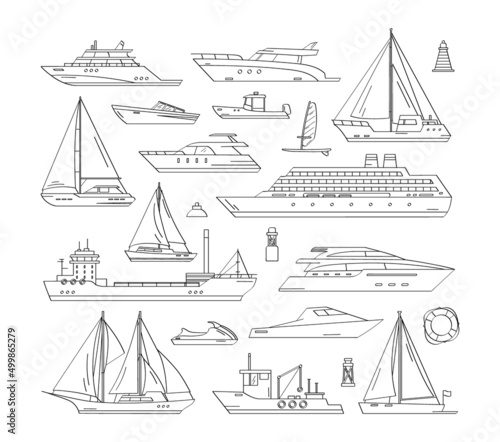 Hand drawn maritime ships. Vector icon set of outline ship at sea, sail boats, speed boat, yacht, liner, sailboat, cruiser and cargo ships. Water ocean transport boat. Sea marine travel photo