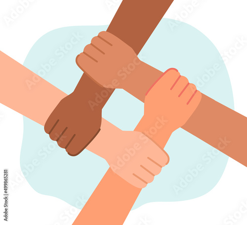 Four people of different races holding wrists. Hands of diverse persons flat vector illustration. Diversity, friendship, support, global communication, teamwork concept for banner or landing web page
