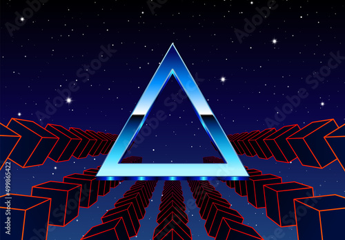 Synthwave frame with chrome triangle and 80s styled synthwave arcade game landscape.