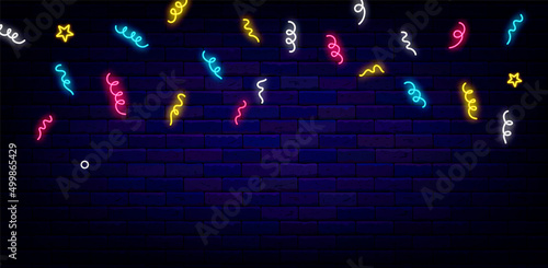 Confetti neon background. Winner award concept. Shiny space for text. Glowing effect poster. Vector illustration
