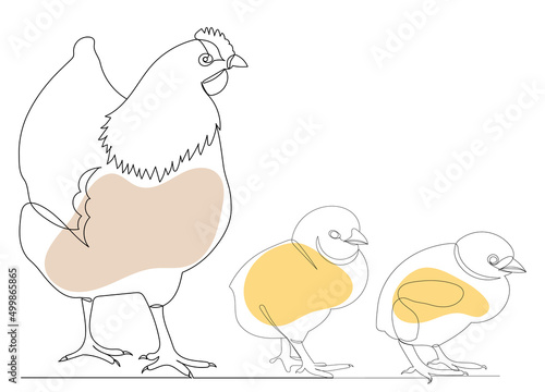 hen and chick one continuous line drawing, sketch, vector