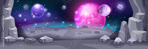Space game background, cartoon alien planet landscape, vector gray stone crater, moon galaxy surface. Cosmos night panoramic sky, stars, asteroid boulders futuristic banner. Space lunar landscape