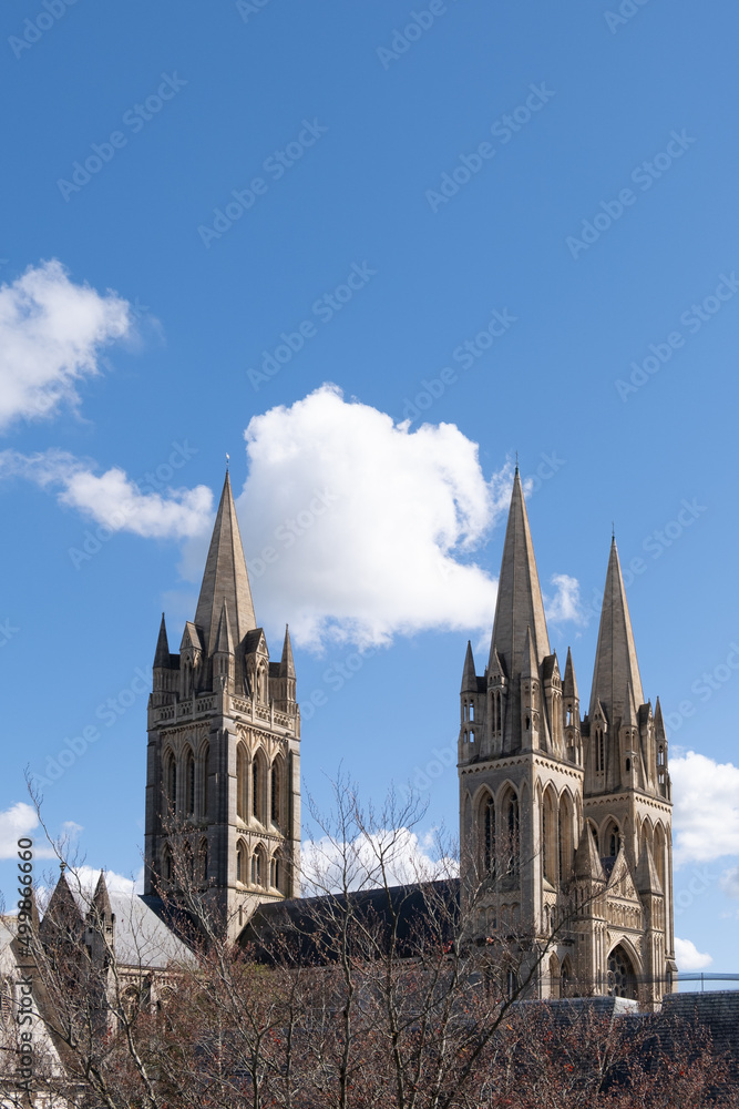 truro cathedral blue skies and white clouds cornwall uk 