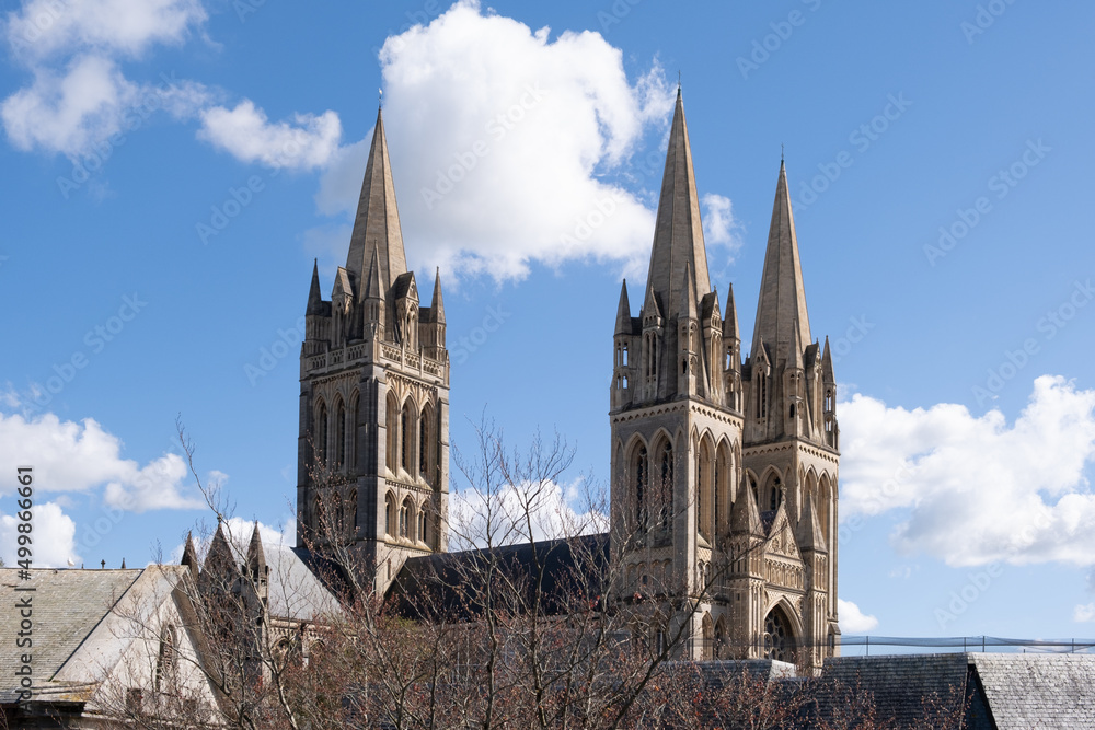 truro cathedral blue skies and white clouds cornwall uk 