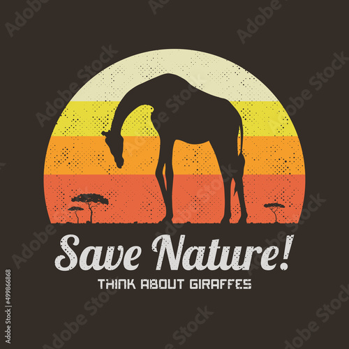 Lonely giraffe. Endangered animal silhouette. Retro vintage t-shirt