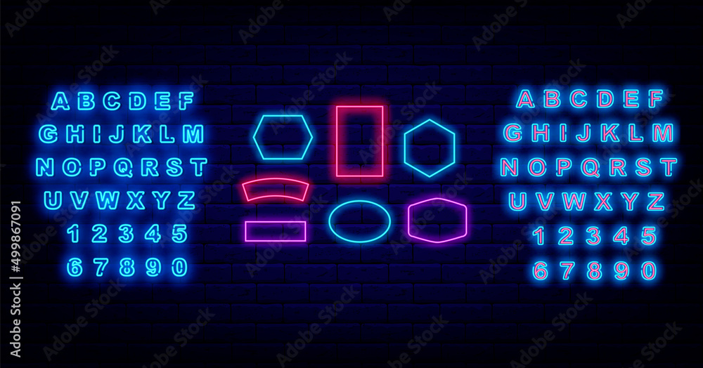 Neon frames collection on brick wall. Rectangle, ellipse shape. Empty signboard. Shiny alphabet. Vector illustration Neon frames collection on brick wall. Rectangle, ellipse shape. Empty signboard. Shiny alphabet. Vector illustration