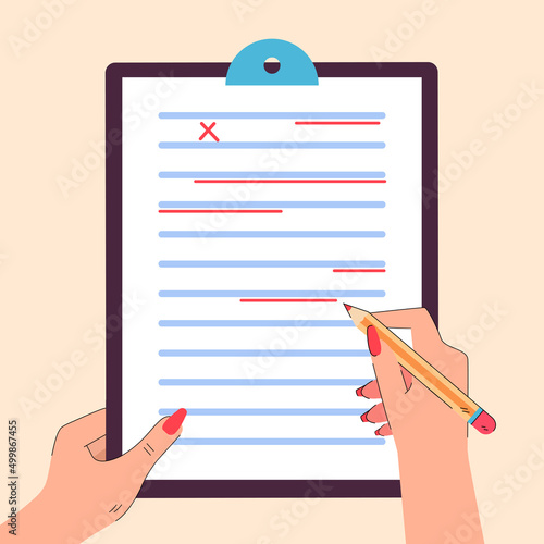 Hands of teacher or editor correcting mistakes in document. Incorrect grammar or spelling, errors in text flat vector illustration. Education, correction concept for banner or landing web page