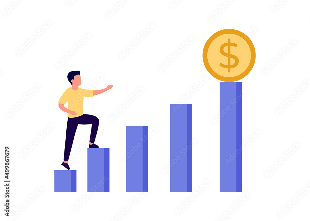 Achieve target to money, investment plan or salary, ladder of success in financial freedom. Climbing up to reach income or salary growth. Businessman step climbing high to money coin. Vector Achieve target to money, investment plan or salary, ladder of success in financial freedom. Climbing up to reach income or salary growth. Businessman step climbing high to money coin. Vector