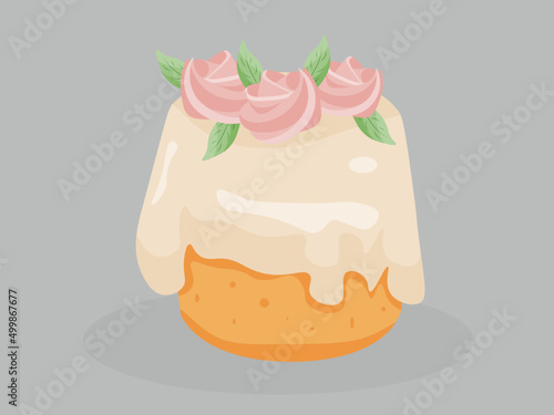 Vector pie with cream and marshmallows. Cake with cream and decor. Pie with cream and roses.  Kulich .