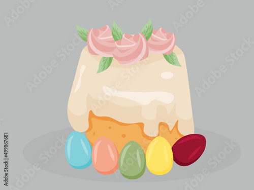 Vector easter cake with colored eggs. Pie with decor.  Kulich
