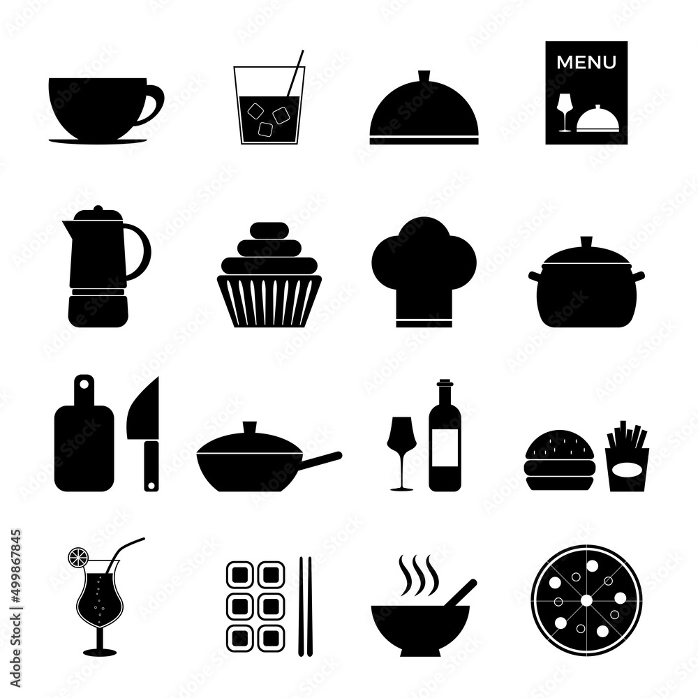 Caffe icon set. Cup of coffee, coffee pot, cocktail, glass of wine, menu icons black color. Vector illustration isolated on white background