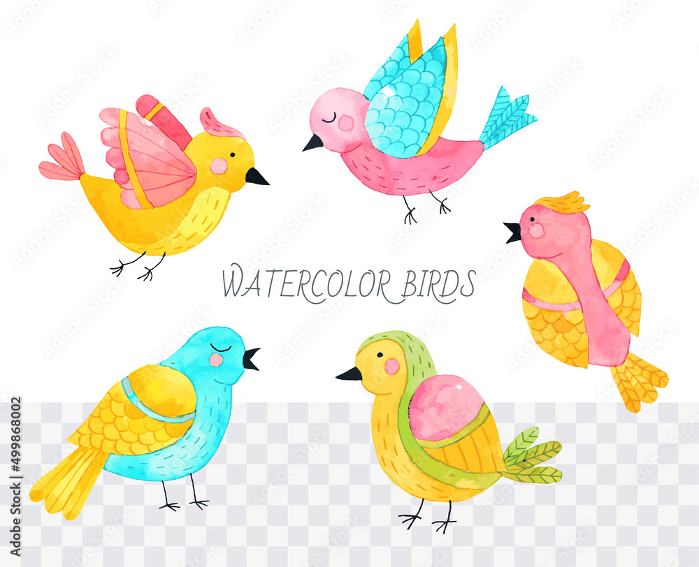 Watercolor cute cartoon birds set