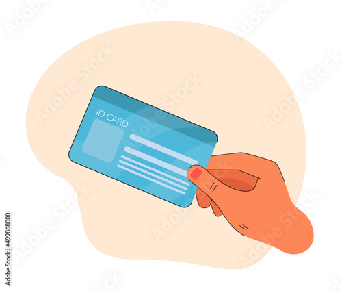 Hand of worker holding ID card. Corporate card or badge with information about employee flat vector illustration. Identity, identification concept for banner, website design or landing web page