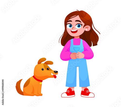 Vector illustration of child with  dog. Happy, funny girl playing, love and taking care of dog  in flat cartoon style.
